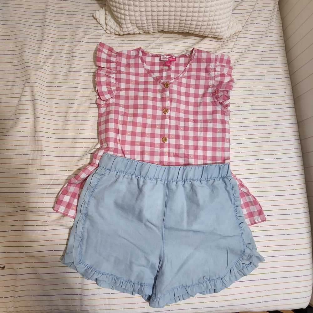 Pink Gingham Top and Blue Ruffle Shorts Set